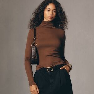 NWT! By Anthropologie Long-Sleeve High-Neck Baby Rib Top in Brown 🚦